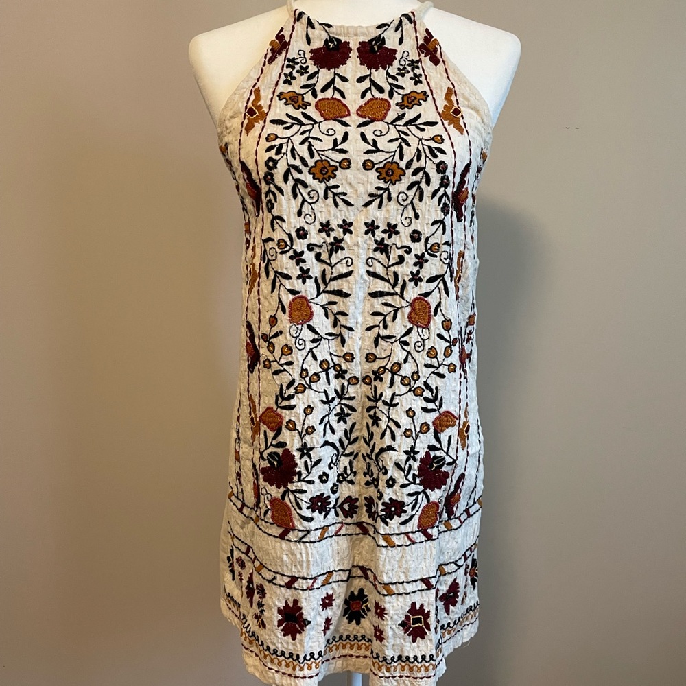 Zara Cotton Muslin Beaded and Embroidered Shift Halter Dress